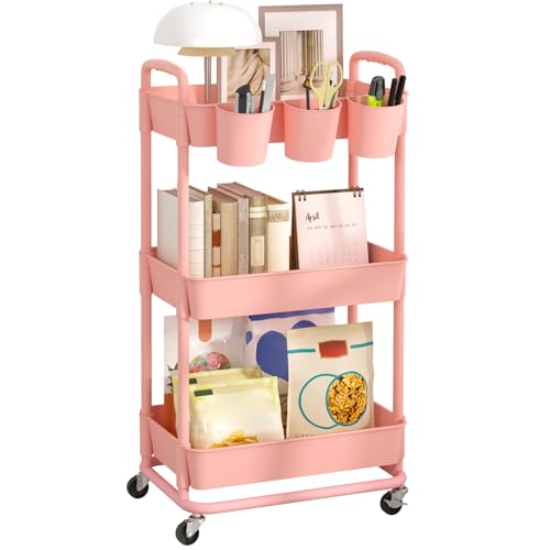 JIUYOTREE 3-Tier Plastic Rolling Storage Cart Utility Cart with Extra Hanging Cups Handles Lockable Wheels for Living Room Bathroom Kitchen Office Pink - color: Pink, size: 3-Tier