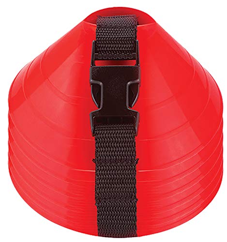Large Disc Cones – Set of 6 Agility Cones for Sports Training – Compact Soccer Cones with Carry Strap for Drills & Practice - color: Red