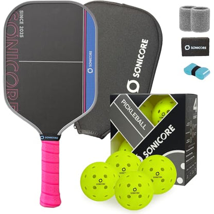 SONICORE Pickleball Paddle Set Bundle, T700 Carbon Fiber 16mm Core, 1 Paddle, Cover, Wristbands, Grip Tape, Eraser, 4 Premium Balls | Vibe Pink