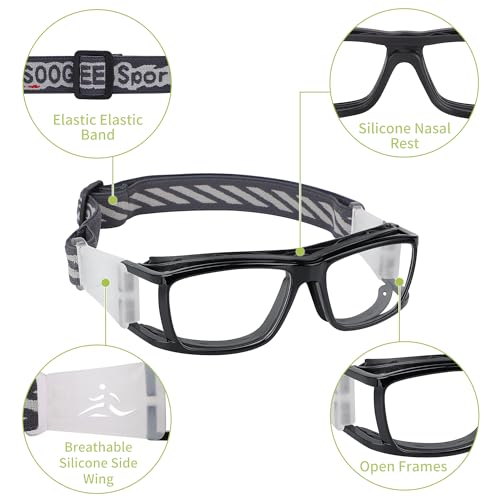 SooGree Sport Glasses for Men Women Basketball Football Sport Goggles Anti Fog Shock Collision Wearable Glasses - color: Black Frame Black Nose Pads