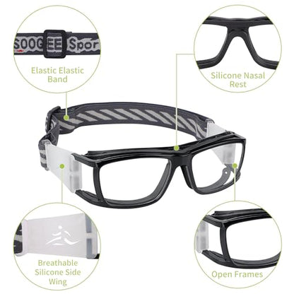 SooGree Sport Glasses for Men Women Basketball Football Sport Goggles Anti Fog Shock Collision Wearable Glasses - color: Black Frame Black Nose Pads