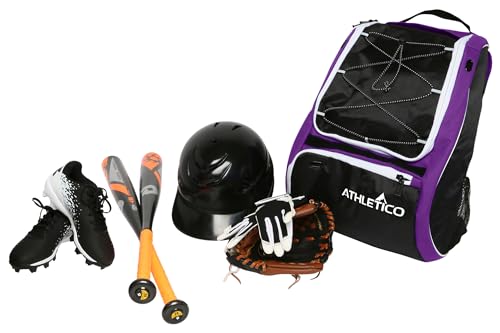 Athletico Baseball Bat Bag - Backpack for Baseball, T-Ball & Softball Equipment & Gear for Youth and Adults | Holds Bat, Helmet, Glove, & Shoes |Shoe Compartment & Fence Hook - color: Purple