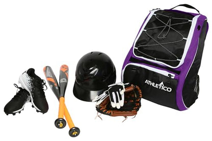 Athletico Baseball Bat Bag - Backpack for Baseball, T-Ball & Softball Equipment & Gear for Youth and Adults | Holds Bat, Helmet, Glove, & Shoes |Shoe Compartment & Fence Hook - color: Purple