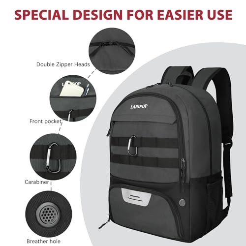 LARIPOP Soccer Backpack with Ball Holder & Shoe Compartment Large Capacity Youth Sports Bag for Training - color: Dark Grey