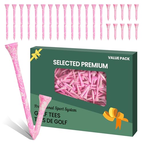 Golf Tees Styllish Bamboo Wooden Coloured Painted 50 Pack, 2 3/4 or 3 1/4 Inch Tee with 10 More Short 1 1/2 Inch Driving Range Tees, Enhanced Visibility Pink Green for Men Women