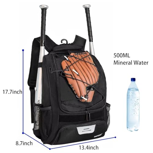 DAFISKY Baseball Bag Softball Backpack - Youth Adult T Ball Bat Equipment Bag with Bat Helmet Holders, Shoe Compartment - color: Black