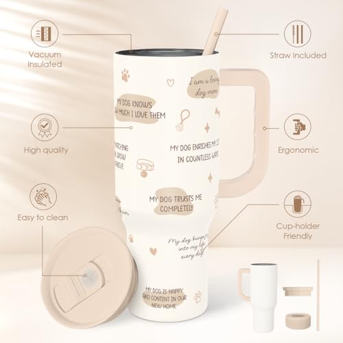 SANDJEST Dog Mom 40oz Tumbler With Handle and Straw, Dog Mom Affirmation Insulated Stainless Steel Travel Coffee Mug for Women Girls Pet Lovers, Gift Idea for Birthday Christmas Mothers Day - color: Dog Mom
