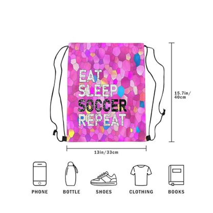 Castle Fairy Eat Sleep Soccer Repeat Drawstring Backpack Diamond Sackpack for Beach Swimming Pool Colorful Tie Dye Draw String Bags Waterproof Sports Gym - color: Pink 4