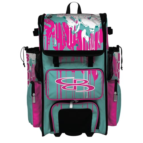 Boombah Superpack Hybrid Rolling Bat Bag - Wheeled & Backpack Version - Graffiti Drip - Multiple Color Options - color: Turquoise/Fluorescent Pink/White
