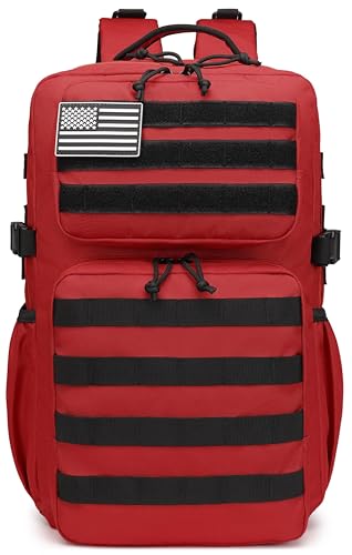 Wotony Military Tactical Backpack for Men Waterproof Daypack 3 Day Assault Pack Molle Bag with Water Bottle Holder - color: Red, size: 30L