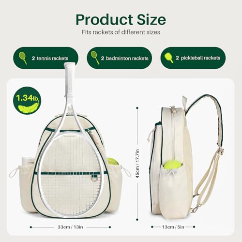 Tennis Bag for Women & Men Sling Crossbody Backpack 2-Racket Waterproof Pocket & Fence Hook Racket Bags Suitable for Pickleball Tennis Badminton - color: Beige