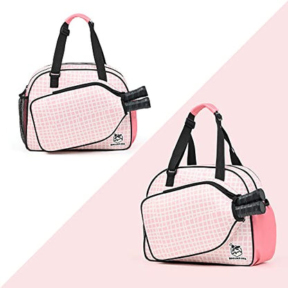 Boulder Bee Pickleball Bags, Premium Pickleball Tote Bag for Girls, Women’s Hand/Shoulder Gym Bag w Water Bottle Holder, with Pickleball Racquet/Paddle Holder - color: Pink Plaid