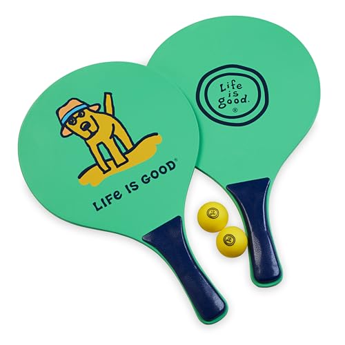 Life Is Good Wooden Paddle Ball Set (Green Rocket Dog), 2 Thick Wood Paddles and 2 Balls, Classic Beach and Backyard Toss Game for Kids and Adults, Outdoor Summer Lawn and Park Activity - color: Green Rocket Dog