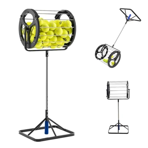 Tennis Ball Picker, 2 in 1 Tennis Rolling Collector Basket with 80 Balls Capacity, Automatic Ball Hopper with Adjustable Height, Funnel Grabber with Handle, for School, Gym, Club