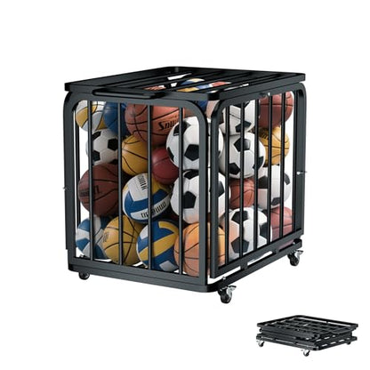 MR Foldable Ball Cart with Wheels, Heavy-Duty Ball Cage Garage Sports Equipment Organizer, Collapsible Metal Rolling Multi Sports Ball Storage for Gym, Lockable Lid, Indoor and Outdoor