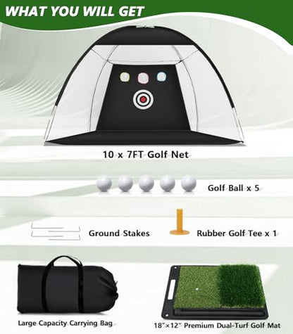 Golf Net: 10x7ft Golf Hitting Practice Net for Indoor & Outdoor Use with Heavy-Duty Base Dual-Turf Mat, Chipping Swing Training Mult-Target Nets for Backyard Driving, Gifts for Men Dad Husband Golfers