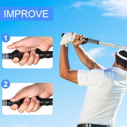 Retractable Golf Swing Trainer with 2 Alignment Sticks – Training Aid for Grip, Strength & Tempo, Swing Mechanics, Arm Band, Indoor/Outdoor Practice, Right/Left Handed
