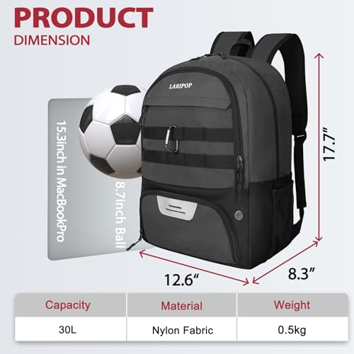 LARIPOP Soccer Backpack with Ball Holder & Shoe Compartment Large Capacity Youth Sports Bag for Training - color: Dark Grey
