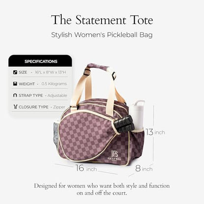 Pik’le’Ball Sport Premium Women's Pickleball Bag – Stylish and Versatile Sports Bag with Water Bottle Holder, Padded Paddle Pocket, and Spacious Design (fits 2+ Paddles!) - color: Checkered Chic Brown