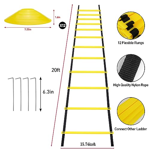 YEXEXINM Professional Agility Ladder Speed Training Equipment Set-20ft Agility Ladder,12 Soccer Cones, 4 Agility Hurdles, Running Parachute, Suitable for Soccer Football Basketball Training - color: yellow