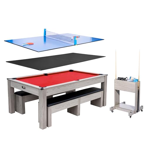 Garvee 7FT 3-in-1 Pool Table with Dining Top & Table Tennis, Multi Game Billiard Table Set with HDF Wood Grain Finish, Includes Cues, Balls, Ping Pong Paddles and Rolling Storage Caddy - color: Red