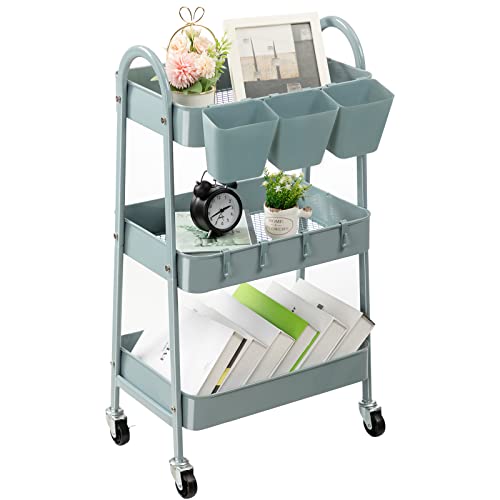 danpinera 3-Tier Rolling Cart, Utility Cart Mobile Metal Rolling Storage Cart with Lockable Wheels & Hanging Cups & Hooks for Kitchen, Bathroom, Office, Workshop, Gray Blue - color: Gray Blue, size: Normal (3 tier)