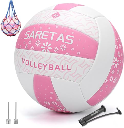 Saretas Volleyball Soft Beach Volleyball - Official Size for School, Indoor, Outdoor and Play Game Gym Workout - Play for Girls, Adults and Family. - color: Pink Volleyball with Pump