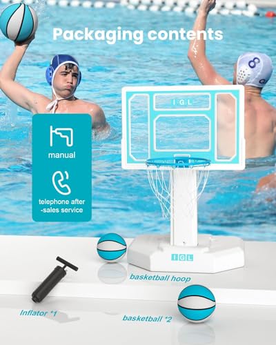 IGL Pool Basketball Hoop Outdoor, Outdoor Poolside Basketball Hoop, Base & Stand Double Water Storage with 2 Ball & Inflator, Stainless Steel Basketball Rim, Fixed Height - size: 32in Backboard