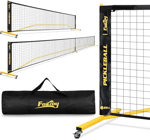 Fostoy Portable Pickleball Net Set with Wheels, Regulation Size 22 FT & Half Court 11 FT, Steady Metal Frame Pickle Ball Net Set System with Carry Bag for Backyards, Driveways, and Garages - color: Black&Yellow