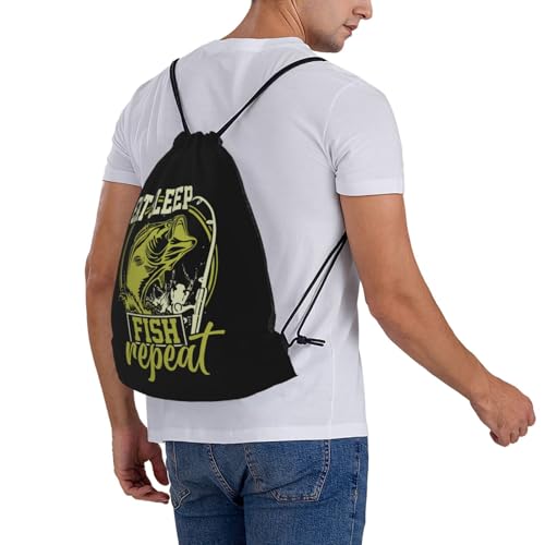 Eat Sleep Fish Repeat Unisex Drawstring Backpack Bag Sport Gym Travel Swim Sackpack - color: Eat Sleep Fish Repeat