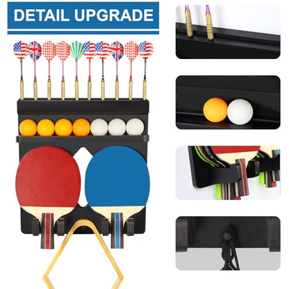Ping Pong Paddle Holder Wall Mount Hold 8 Paddles, Ping Pong Rack Dart Holder 2-in-1, 100% Solid Wood Table Tennis Organizer, Black