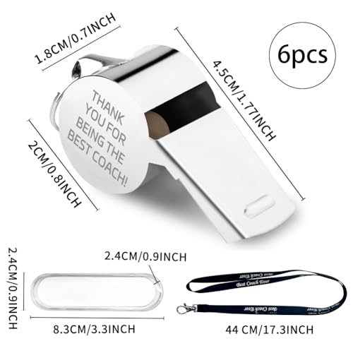 6 Pack Engraved Coach Whistle Set Stainless Steel Thank You Whistles with Lanyard Appreciation Gifts for Coaches Referees