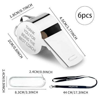 6 Pack Engraved Coach Whistle Set Stainless Steel Thank You Whistles with Lanyard Appreciation Gifts for Coaches Referees