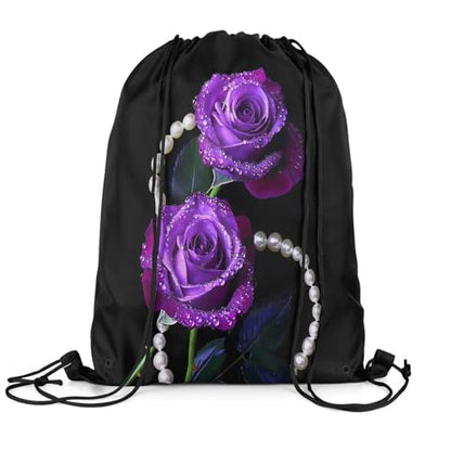 Castle Fairy Noble Elegant Purple Roses Drawstring Gym Bag,Pearl Foldable Waterproof Drawstring Backpack,Beautiful Flowers Draw String Back Bags for Shopping,Swimming,Beach,Black Purple - color: Black Purple