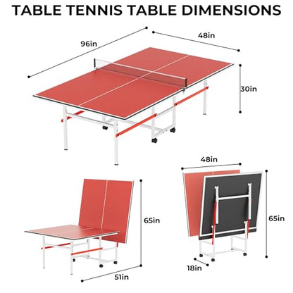8FT Table Tennis Table with Net, Indoor/Outdoor Professional Ping Pong Table for Kids Adults, Folding Ping Pong Table, Complete Set with Paddles and Balls, School Playground Game Table