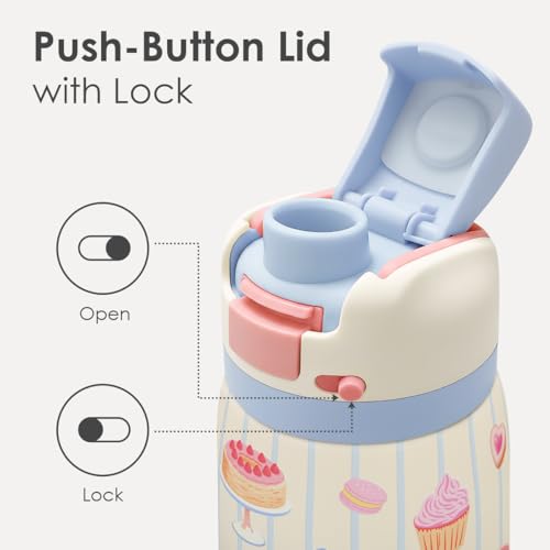 Desserts Stainless Steel Water Bottle, Vacuum Insulated, Push-Button Lid, 32 oz, Gifts for Women Girls Friends Teens Birthday Christmas - color: Dessert