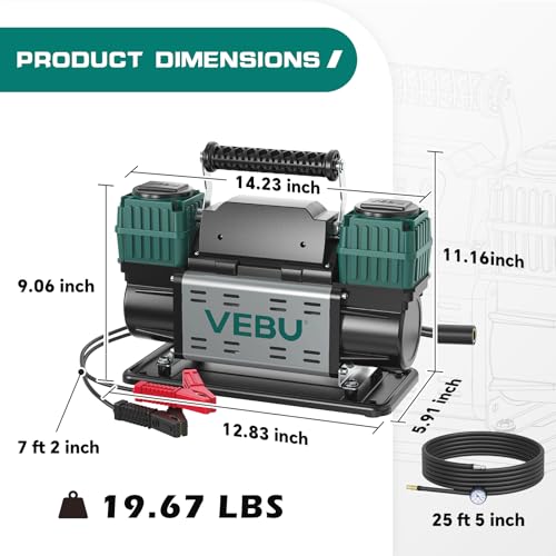 Heavy Duty Air Compressor 12V Tire Inflator, Dual Cylinder 125PSI with In-line Pressure Gauge, 10.6CFM Fast Inflation for Off-road Vehicles, Trucks, SUVs, RVs, ATVs, DC Power, Corded Electric - style: Dual Cylinders + Inline Gauge