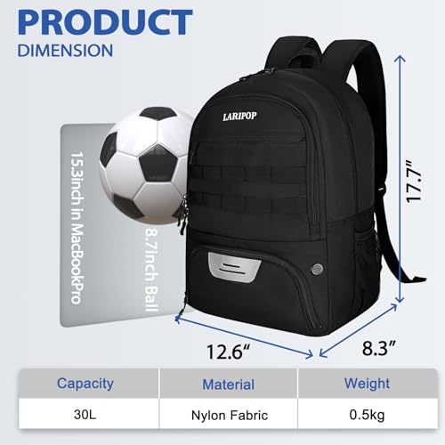 LARIPOP Soccer Backpack with Ball Holder & Shoe Compartment Large Capacity Youth Sports Bag for Training - color: black