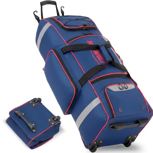 81L Rolling Baseball Bag with Wheels, Softball Catchers Gear Bags for 4 Bats (Fits Up To 34"), Separate Shoe Compartment, Safety Reflective Strip, Fence Hook, Foldable T-Bag for Youth & Adult - color: Blue