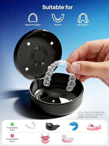 UV Retainer Case with Fan, UVC Retainer Cleaner, Aligner Case Includes Vent Holes and Mirror, Portable Retainer Holder Box for Mouth Guard, Aligners, Night Guard, Black - color: Black