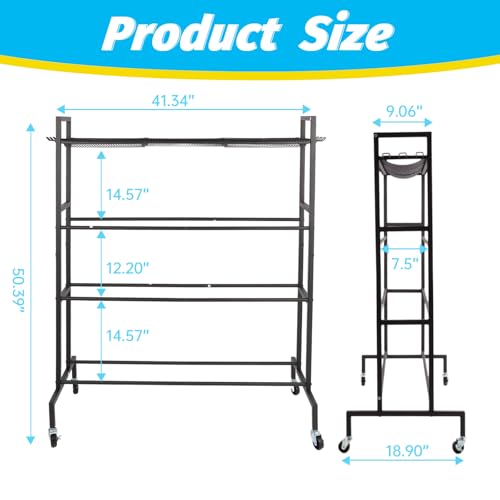 Garage Balls Storage Rack with Baseball Bat Hooks & Baskets, Basketball Holder Stand Rolling Ball Cart with Wheels, Garage Sports Equipment Organizer, Basketball Racks for Balls, Garages Organizer