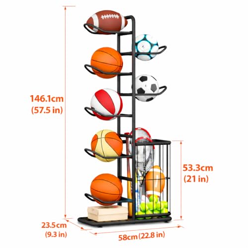 7-Ball Sports Equipment Storage Rack with Ball Holder, Ideal for Garage or Indoor Use - Organize Toys, Sports Gear and More, 57.5" (Black) - style: 7-tier with Basket