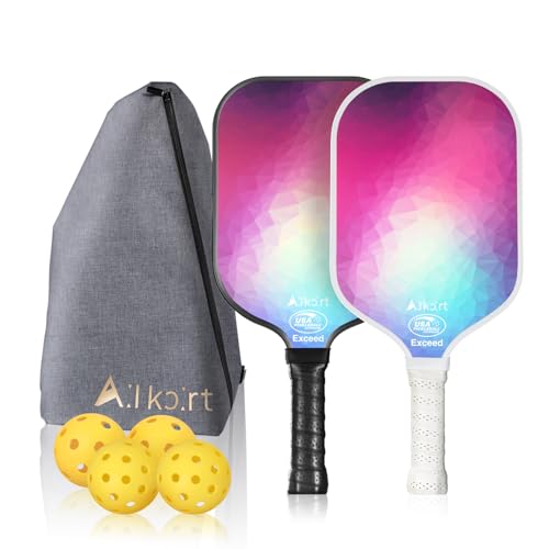 AL Kort Pickleball Paddles Set of 2, Fiberglass Pickleball Racket Lightweight Paddles, USAPA Approved Pickle Ball Equipment with Bag and 4 Balls, Pickle Rackets 2 Pack for Beginners - color: Purple & Black/White Handle