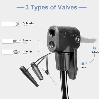 Hycline Bike Floor Pump: Bicycle Tire Pump 160 PSI with Schrader & Presta Valve - High Pressure Air Pumps for Road MTB BMX Hybrid Bikes Tires, Balls, Inflatables - color: Black with Gauge