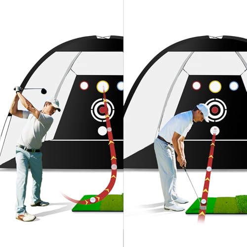 Golf Net - Upgraded All-in-One 10x7ft Golf Practice Net with 5 Real Balls, Tri-Turf Mat and Portable Bag, Durable Hitting Nets for Backyard Driving Swing Outdoor