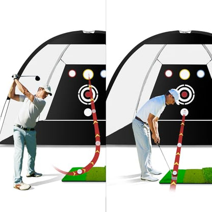 Golf Net - Upgraded All-in-One 10x7ft Golf Practice Net with 5 Real Balls, Tri-Turf Mat and Portable Bag, Durable Hitting Nets for Backyard Driving Swing Outdoor