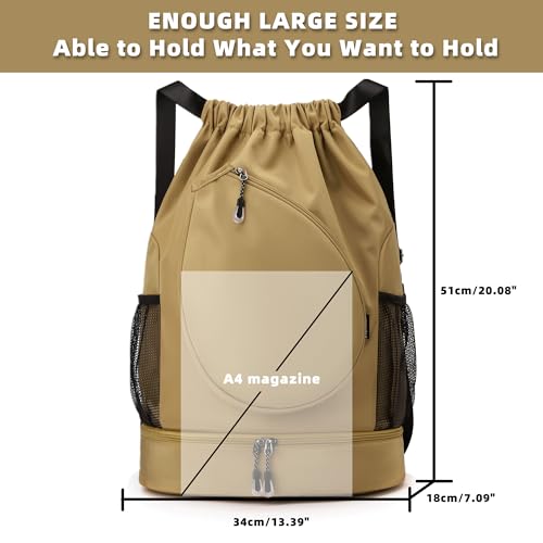 Sports Drawstring Backpack, Badminton Gym Bag Holds 2 Rackets with Shoe Compartment, Off-work, Everyday & Overnight Weekend - color: Khaki
