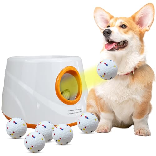 Automatic Ball Launcher for Dogs with 6pcs 2.3 Inch Etpu Tennis Balls,Thrower Distance 20-45ft,interacive Dog Toys for Indoor/Outdoor for Small Or Medium Dogs (White) - color: White