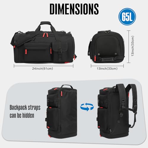 Large Baseball Duffle Bag Softball Backpack for Adult & Youth, 65L Spors Gym Duffel Equipment Bag with Shoe Compartment and Bat Holder, Catchers Gear Bag Fits Batting Mitten, Tball Gear, Helmet - color: Black