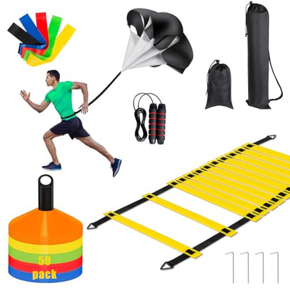 Agility Ladder, Football Training Equipment Set, 20 feet 12 Rungs Speed Ladder,50 Disc Cones,Resistance Parachute, Jump Rope, 5 Resistance Bands for Workout